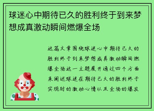 球迷心中期待已久的胜利终于到来梦想成真激动瞬间燃爆全场