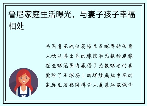 鲁尼家庭生活曝光，与妻子孩子幸福相处