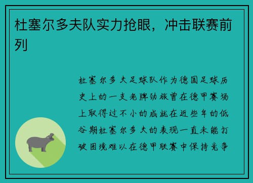 杜塞尔多夫队实力抢眼，冲击联赛前列