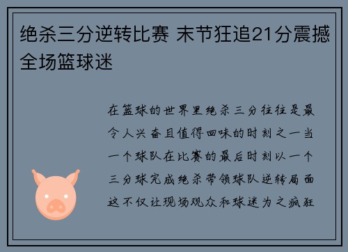 绝杀三分逆转比赛 末节狂追21分震撼全场篮球迷