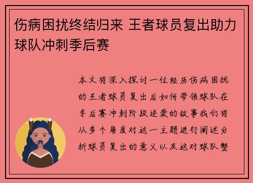 伤病困扰终结归来 王者球员复出助力球队冲刺季后赛