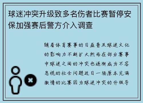 球迷冲突升级致多名伤者比赛暂停安保加强赛后警方介入调查